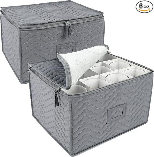 LotFancy Stemware Storage Containers, 2-Pack, Deluxe Quilted Storage Case with Dividers for 24 - Wine Glasses, Champagne Flutes, Glassware, Drinkware Storage Box Chest, 15.5”x12.5”x 10”, Gray by LotFancy