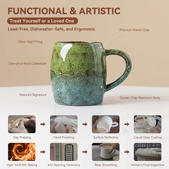 Handmade 22oz Ceramic Coffee Mug, Ergonomic Large Handle, Ideal Gift for Coffee Lovers, Microwave & Dishwasher Safe (Minute-Green&Blue) - Image 4