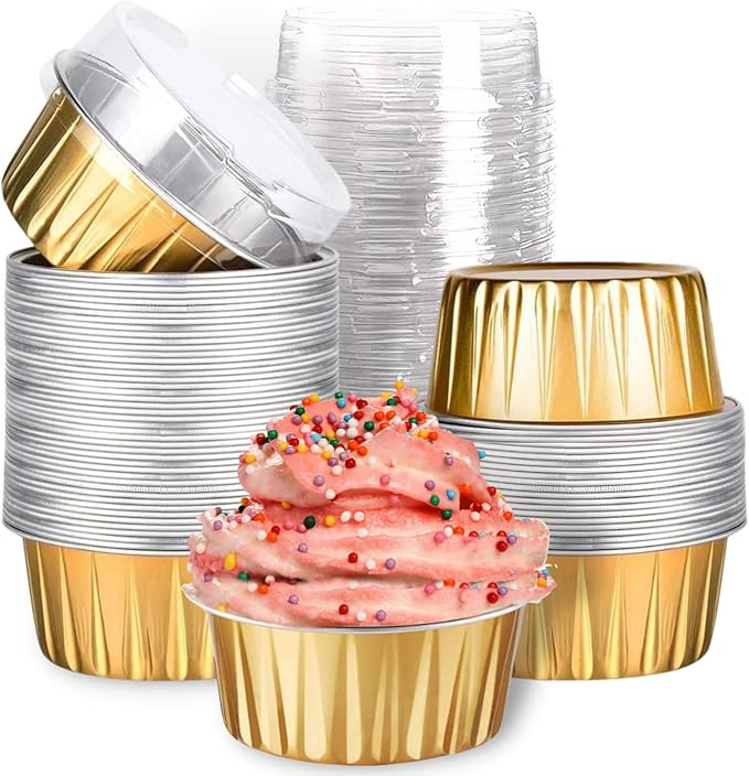 Mini Aluminum Foil Cupcake Baking Cups with Lids (40pcs, 5oz) Round Cupcake Foil Liners Tart Pie Tin Pan Holder - Disposable Mini Cake Containers Flan Molds for Pudding, Souffle, Party, Wedding by Findful