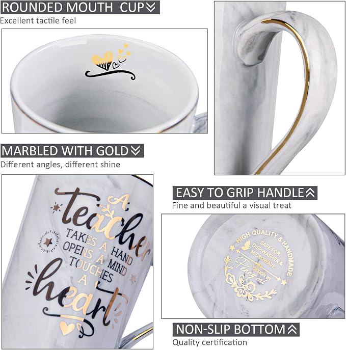 Best Teacher Appreciation Gift for Women Men, 14oz Grey Mug with Gold Print | A Teacher Takes A Hand Opens A Mind Touches A Heart - Funny Valentines Graduation Retirement Gifts, with Card, Nice Gift Box - Image 3