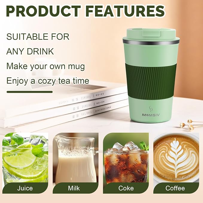 MOMSIV 12oz Travel Coffee Mug, Insulated Coffee Cup with Leakproof Lid | 6-Hour Heat Retention, 360°Leak proof, Vacuum Stainless Steel Double Walled, BPA-free, Reusable And To Go Coffee Mug - Image 4