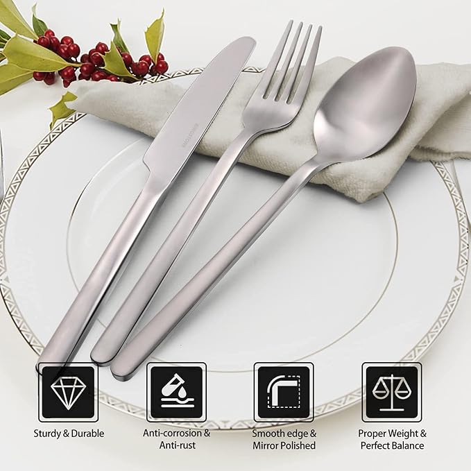 KINGSTONE 40 Piece Silverware Set, Flatware Set for 8, 18/10 Stainless Steel Cutlery Set Mirror Polished Modern Design Dishwasher Safe, Matte Silver - Image 3