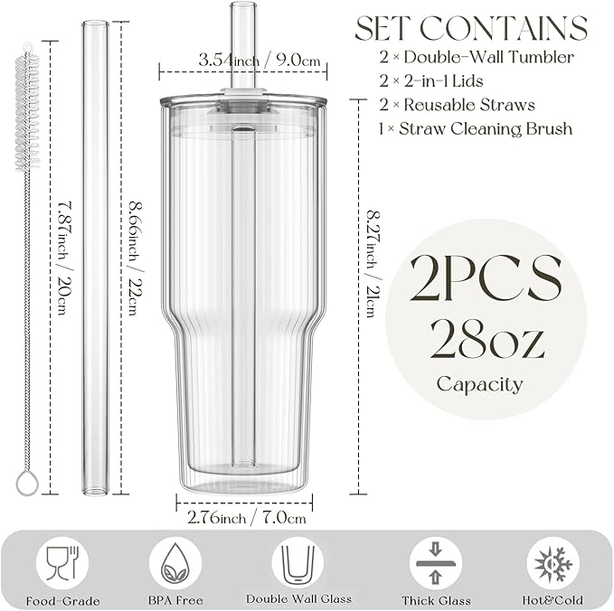 KEMORELA 28 oz Double Wall Glass Tumblers Set of 2, Extra-Wide 13mm Reusable Drinking Straws, Boba Tumbler, Wide-Mouth Water Cups for Iced Coffee, Smoothies, Boba & Tea Lovers (Ribbed) - Image 3