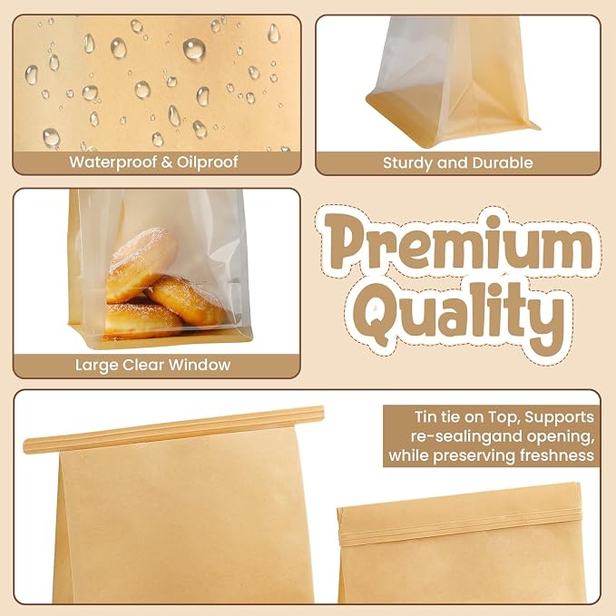 50 Pcs Bread Bags for Homemade Bread Sourdough, 10.2 * 6.3 * 5.1 Inches Bakery Bags with Window Reusable Tin Tie Baked Goods Packaging - Image 3