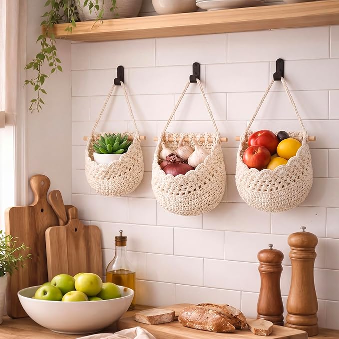 Honeydak Boho Decor Hanging Wall Baskets for Kitchen 3 Pack Teardrop Baskets with Hooks Storage Fruit Onion Vegetable Potato for Home(White,Lace,Cotton Rope) - Image 6