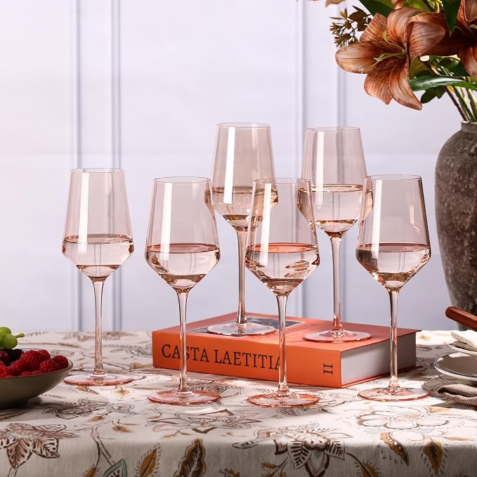 comfit Blush Pink Wine Glasses Set of 6-15 oz, Unfading Color, Hand-blown Wine Glasses, Pink Drinking Glassed - Pink Wedding Engagement Housewarming Gifts for Women Wine Lovers - Image 7