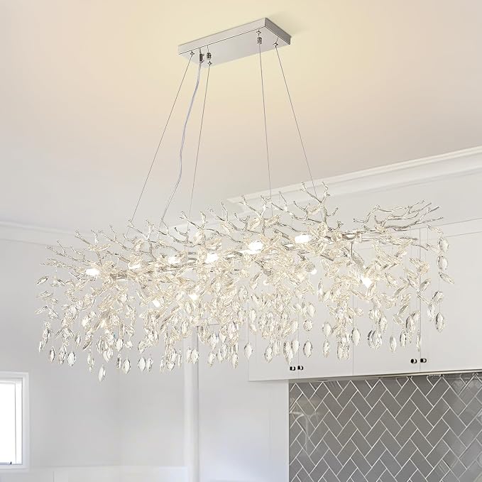 Chrome Rectangular Chandelier Modern Crystal Tree Branch Chandelier | 14 Lights Luxury Raindrop Chandeliers 47.3" Hanging Pendant Light Fixtures for Dining Room Kitchen Island Living Room - Image 2