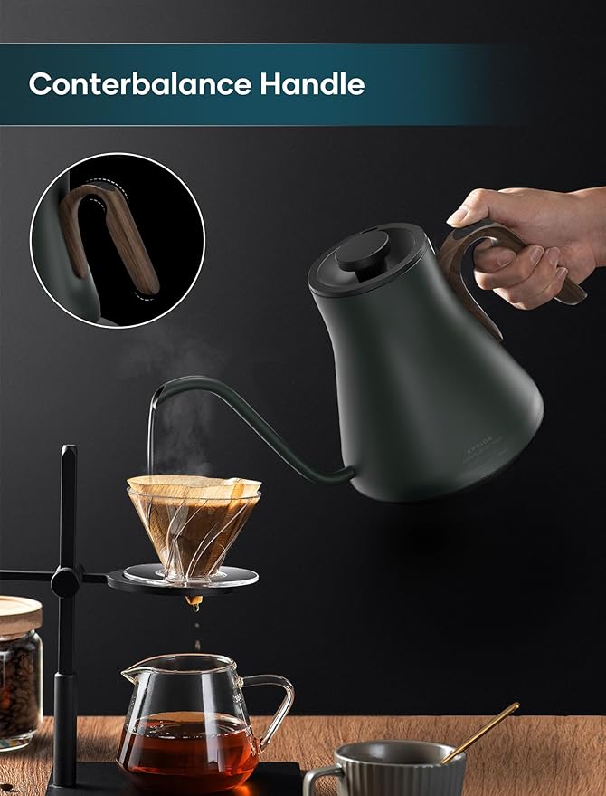Gooseneck Electric Kettle with ±1℉ Temperature Control for Pour Over Coffee & Tea, Quick Heating, BPA-Free Stainless Steel, Built-in Brew Timer, 1500W/0.9L (Forest Green)