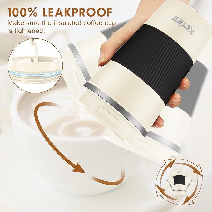 KETIEE 12oz Travel Mug: Vacuum Insulated Coffee Cup with Leakproof Lid, Travel Coffee Mug Stainless Steel Double Walled Reusable Coffee Cup for Hot and Cold Water Tea (Beige) - Image 4