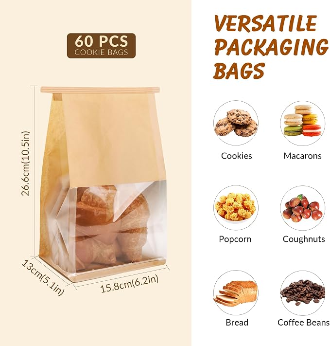 60 Pcs Bakery Bags with Window, Paper Cookie Packaging Bags | 5.1x6.2x10.5 Inche Ties Lock for Breads, Popcorn, Candies,Treats, Snacks, Baked Goods Packaging - Image 2