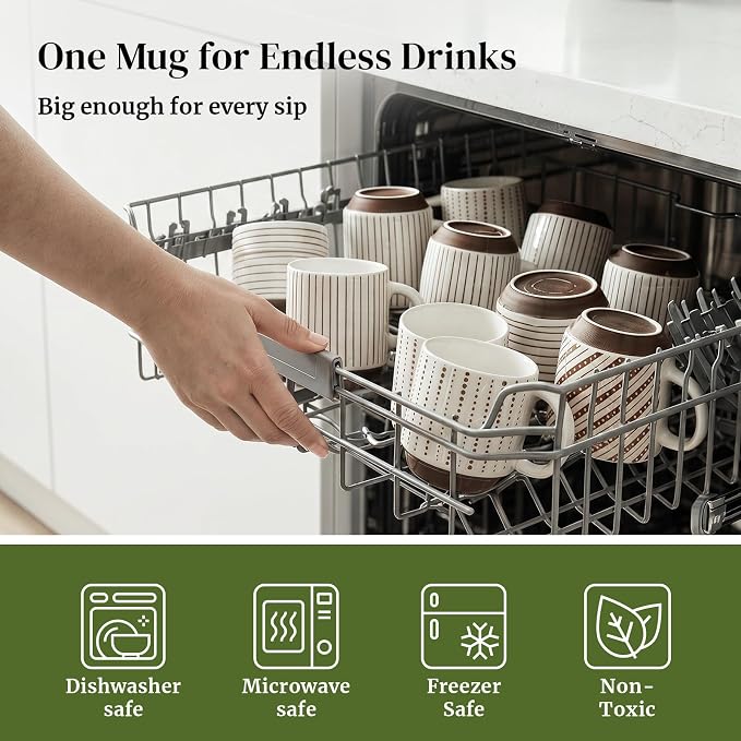 DOWAN Stackable Coffee Mugs, 12 oz Ceramic Coffee Mug Set of 4, Coffee Cups with Chocolate-Colored Geometric Patterns for Latte, Cappuccino, Cocoa, Dishwasher & Microwave Safe, Off White - Image 9