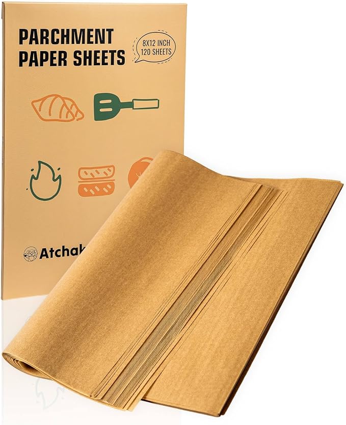 120Pcs 8x12 Unbleached Parchment Paper Sheets, Non-Stick & Heavy Duty Baking Paper, Pre-Cut Parchment Paper for Baking, Cooking, Air Fryer, Steaming, Grilling, Sandwiches Wrapping by Atchake