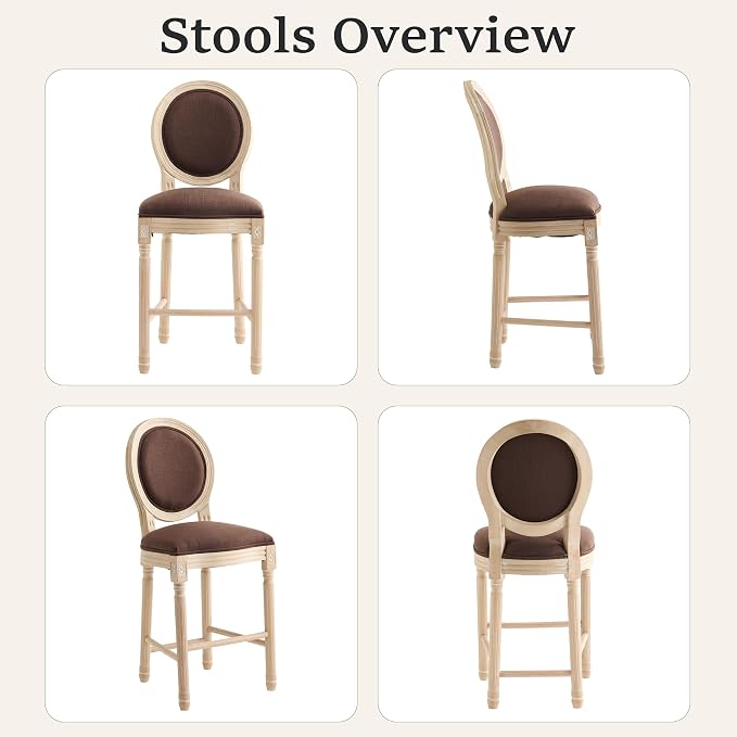 French Country Barstool, Linen Farmhouse Counter Height Chair | Set of 2, with Cushion Round Back and Solid Wood Legs, Oval Chairs for Restaurant, Bar, Kitchen, Café, Brown - Image 6