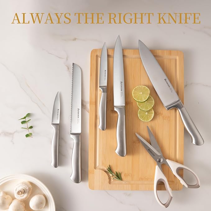 Astercook Knife Set for Kitchen with Block Sharpener 14Pcs Dishwasher Safe | Full Tang Stainless Steel Knives and Anti-Slip Ergonomic Handle Utensils Set - Image 8