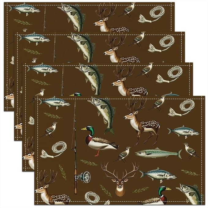 Feelyou Hunting and Fishing Placemats Set of 4 12x18 Inch Big Bass Pike Fish Table Mats for Party Kitchen Dining Decoration Holiday Seasonal Deer Hunting Place Mat for Dinner Table Indoor Outdoor by Feelyou