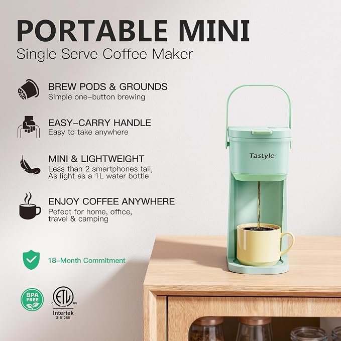Tastyle Mini Single Serve Coffee Maker for K Cups and Grounds with Handle | for Travel, Camping, Office, RV and Dorm, Portable Handle, 120V, 6 to 12 Oz Brew Size, BPA Free, K302, Oasis - Image 2
