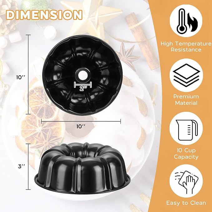 Onader 10 Inch Cake Pan, Non-Stick Round Fluted Tube Pan for Baking Pound Cake, 10 Cups Large Heavy Duty Carbon Steel Baking Mold Bakeware, Black - Image 2