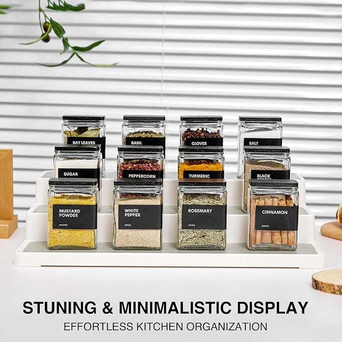 Glass Spice Jars with Bamboo Lid, 4oz Square Spice Containers for Pantry Organization, Seasoning Bottles with Labels, Spoons, Funnel for Salt Sugar - Image 2