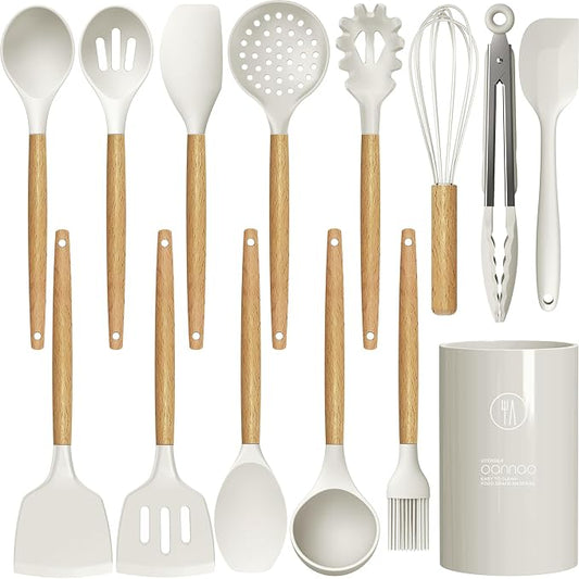 oannao Silicone Cooking Utensils Set - 446°F Heat Resistant Silicone Kitchen Utensils for Cooking,Kitchen Utensil Spatula Set w Wooden Handles and Holder for Non-Stick Cookware (Cream White) by oannao