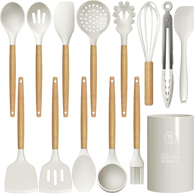 oannao Silicone Cooking Utensils Set - 446°F Heat Resistant Silicone Kitchen Utensils for Cooking,Kitchen Utensil Spatula Set w Wooden Handles and Holder for Non-Stick Cookware (Cream White) - Image 8