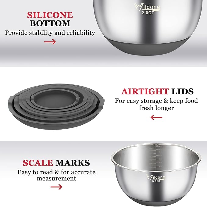Wildone Mixing Bowls with Airtight Lids, Stainless Steel Mixing Bowls Set | Metal Bowls with 3 Grater Attachments & Non-Slip Bottoms, Size 5, 4, 3, 2,1.5, 0.63QT, Includes Utensil Set for Prep, Gray - Image 6