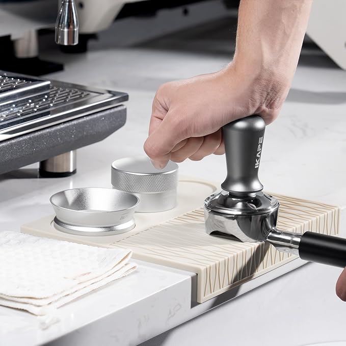 IKAPE 51MM Espresso Tamper Kit Silver 6 IN 1, Coffee Tamper Set with Tamper, Distributor, Magnetic Funnel, Silicone Mat, Puck Screen, and Cleaning Towel