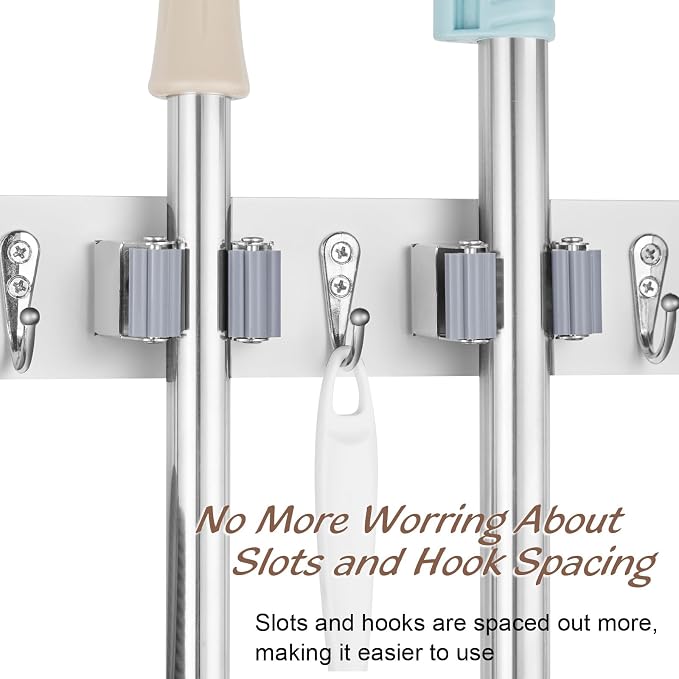 OUTNILI White Mop Broom Holder Wall Mount with 3 Slots & 4 Hooks - Wood Broom Mop Hanger for Pantry Kitchen Organization - Garden Tool Organizer for Closet Laundry Room - Image 4