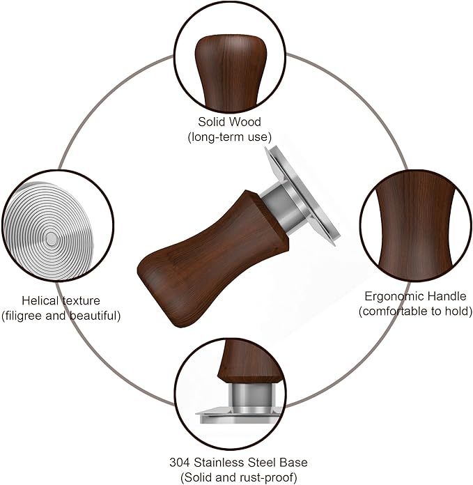 KYONANO 58.5mm Espresso Tamper, 30lb Spring-Loaded Calibrated Coffee Tamper, 304 Stainless Steel, Cuibourtia Wooden-Handle, Barista Tamper Suit for Over 58MM Espresso Portafilter