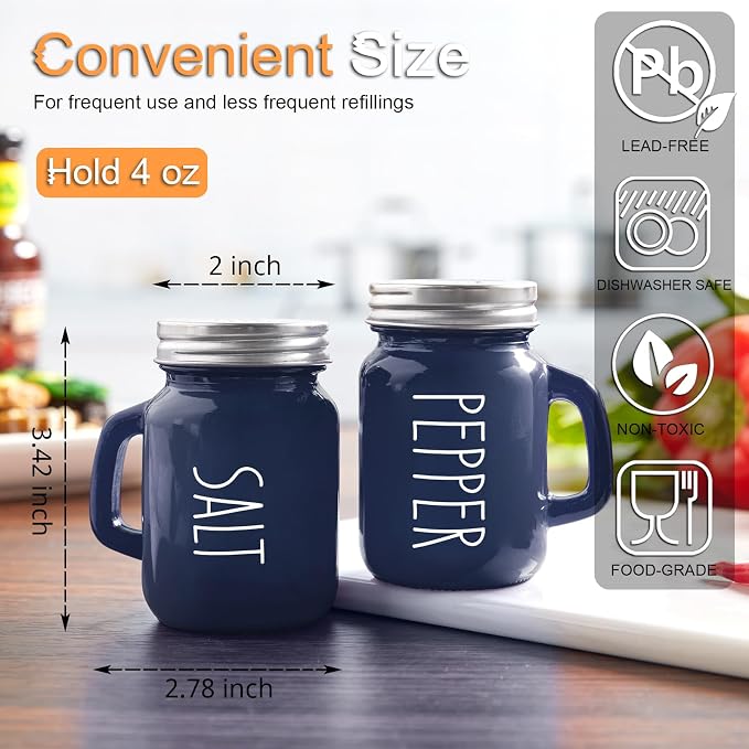 Navy Blue Salt and Pepper Shakers Set, 4 oz Cute Modern Glass Shaker Sets with Stainless Steel Lids, Blue Kitchen Decor and Accessories for Home Restaurants Weddings - Image 3
