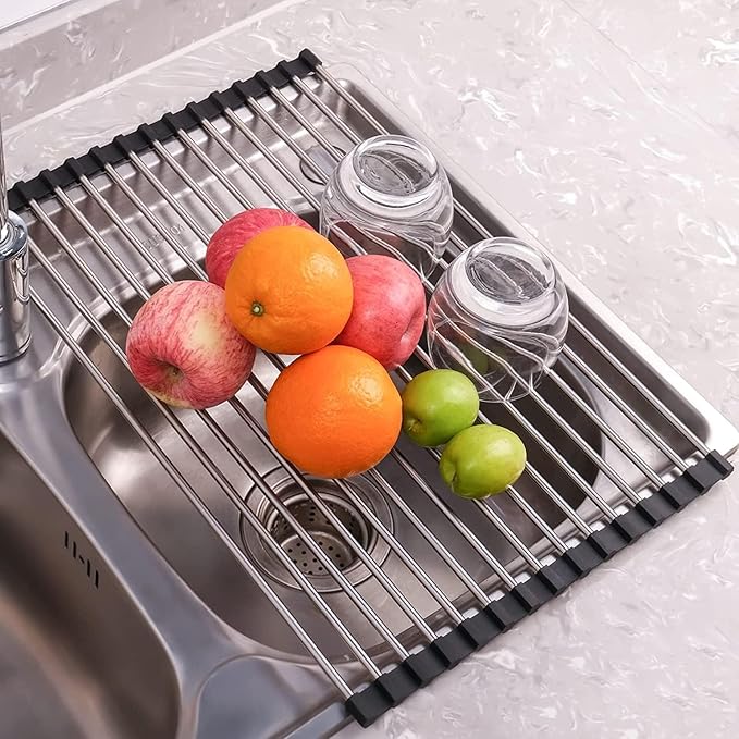 Seropy Roll Up Dish Drying Rack Over the Sink Drying Rack for Kitchen Counter, Rolling Dish Rack Over Sink Mat, Foldable Dish Drainer Stainless Steel Rack Kitchen Organization Gadgets 20.5"x11.8" - Image 2