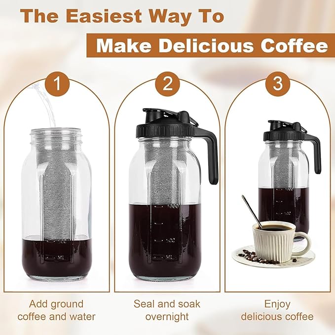 Cold Brew Coffee Maker Jar, Stainless Steel Filter Thick Glass Jar, Iced Coffee Pitcher with Spout Lid and Handle, Dishwasher Safe for Working from Home (2000ml)