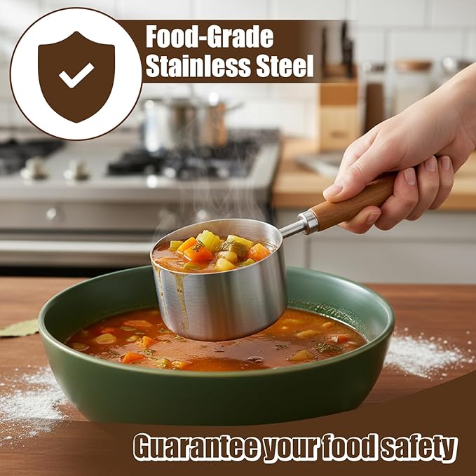 Measuring Cup with Wooden Handle, 1 Cup Stainless Steel Measure Scoop 250 ml Dog Cat Food Scoop for Wet and Dry Ingredients