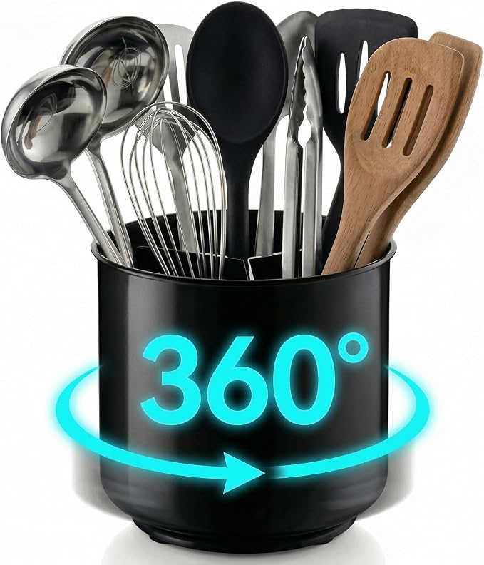 Cooler Kitchen Jumbo Extra Large Sturdy Rotating Black Utensil Holder Caddy with No-Tip Weighted Base, and Gripped Insert - Rust Proof and Dishwasher Safe Kitchen Utensils Holder by CoolerKitchen