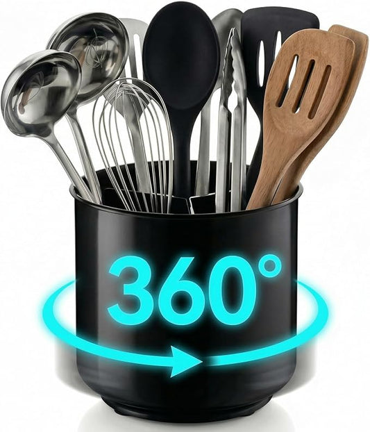 Cooler Kitchen Jumbo Extra Large Sturdy Rotating Black Utensil Holder Caddy with No-Tip Weighted Base, and Gripped Insert - Rust Proof and Dishwasher Safe Kitchen Utensils Holder by CoolerKitchen