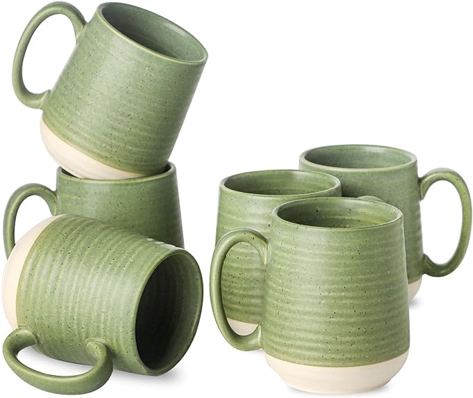 HASENSE Porcelain Coffee Mugs Set of 6, 15 Ounce Large Ceramic Coffee Cups Set with Handle for Latte, Tea, Cocoa and Hot Chocolate, Green Coffee Mugs for Men and Women, Microwave Safe by Hasense