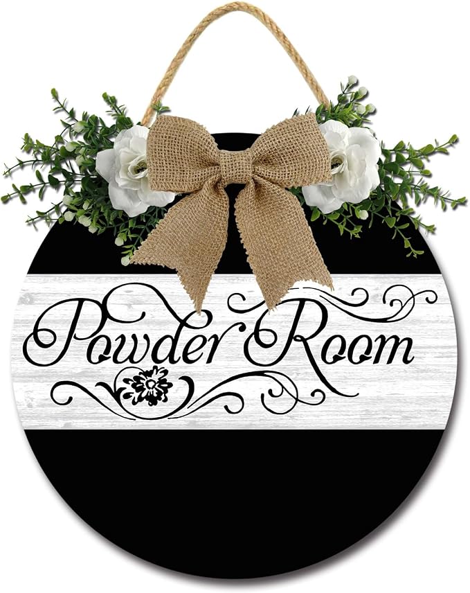 Powder Room Door Sign Round Wooden Wall Sign Rustic Wreath Decor for Front Door Porch Home Wall Farmhouse Decorations 12inch by Unknown