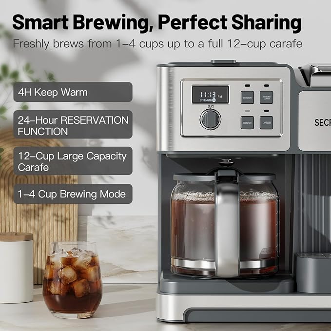2-Way 12-Cup Programmable Brewer Coffee Maker (Silver) | Compatible with K-Cup Pods & Grounds, Single Serve & Full 12 Cup Pot, 4H Keep Warm, Fast Brewing for Home & Office Use - Image 3