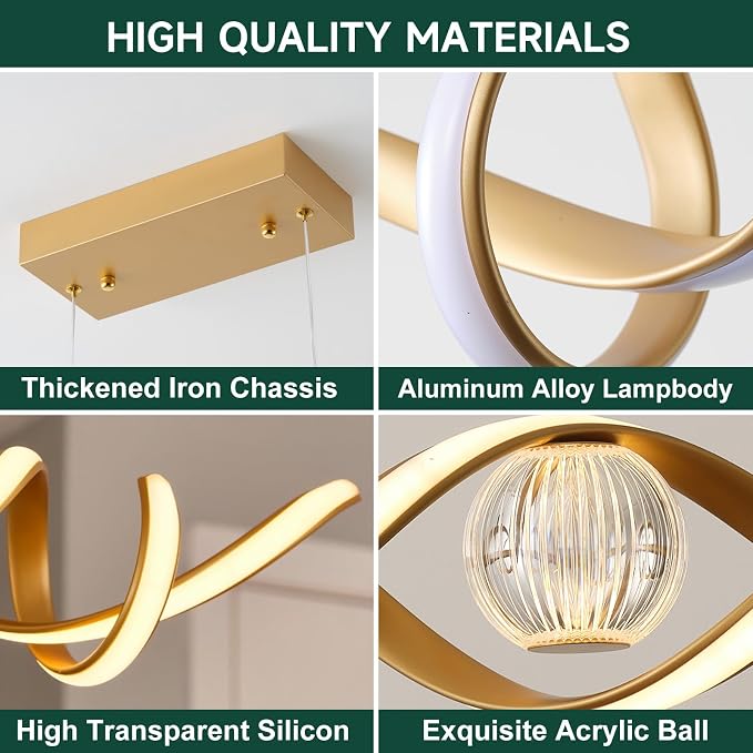ORANOOR LED Modern Chandelier 39inch Dimmable Kitchen Island Pendant Lights | Gold Chandelier Light Fixtures, Linear Wave Spiral LED Pendant Lighting Over Island, Dining Room Lights Ceiling Hanging, 36W - Image 3