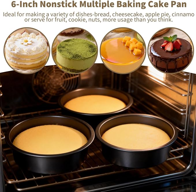 6 Inch Round Cake Pans Set of 3, Heavy-Duty Carbon Steel Baking Pans for Layered Birthday Cakes, Non-Stick Professional Circle Smash Cake Tins, Straight Wall & Dishwasher Safe - Image 2