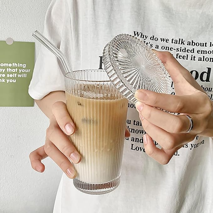 Glass Tumbler Stripe Glass Cup Coffee Cup With Lid and Straw LIDS DON'T SECURE 12.5 oz Drinking Glasses for Water,Iced Coffee,Milk,Tea,Juice (A-Stripe)
