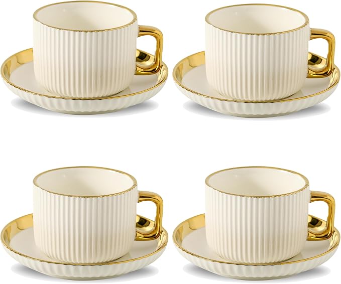 LETAOTAO Cappuccino Cups with Saucers, 8oz Ceramic Coffee Cups with Saucers Set, Latte Art Coffee Mugs with Gold Trim, Tea Cups Set of 4, British/Italian Coffee cups for Cafe Mocha, Double Espresso by LETAOTAO