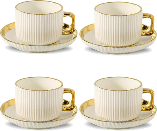 LETAOTAO Cappuccino Cups with Saucers, 8oz Ceramic Coffee Cups with Saucers Set, Latte Art Coffee Mugs with Gold Trim, Tea Cups Set of 4, British/Italian Coffee cups for Cafe Mocha, Double Espresso by LETAOTAO