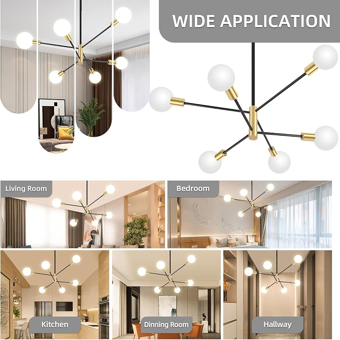 CANMEIJIA Modern Sputnik Chandelier 6-Light, Mid Century Modern Industrial Black Gold Ceiling Light Fixture for Dining Room Kitchen Island Bedroom Living Room(Black and Gold) - Image 6