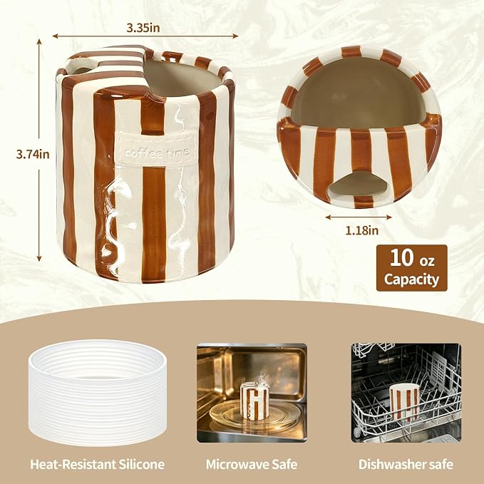 10 oz Ceramic Coffee Mug with Sip Hole & Silicone Sleeve, Brown | Cute Hand-Painted Striped Porcelain, Gift for Coffee Lover, Cold & Hot Drinks, Microwave & Dishwasher Safe - Image 6