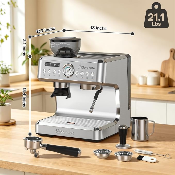 Sorgente Espresso Machine with Grinder, Brushed Stainless Steel | Professional Coffee Maker with Built-in Grinder, Easy to Clean with this Semi-Automatic Coffee Machine,Durable for Home Use - Image 8