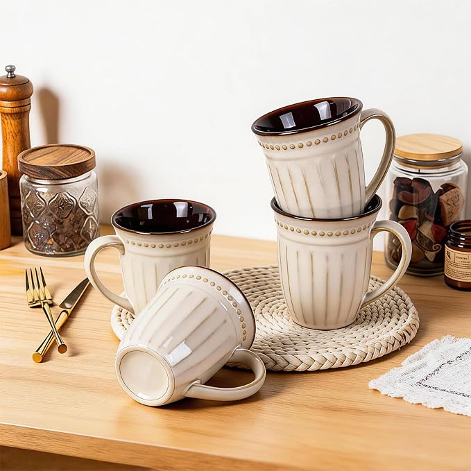 12oz French Perle Groove Ceramic Mugs Set of 4, Off White Pearl Texture, Dishwasher Microwave Oven Safe, for Latte, Cappuccino, Tea, Espresso & Hot Cocoa, Ideal Gift for Him, Her, Dad & Mom - Image 2