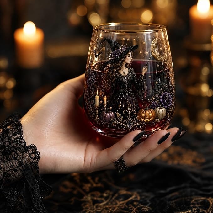 3D Halloween Autumn Glass Art Cup,Stemless Holiday Glassware Collection | Fantasy Fall Witch Wine Glasses,Holiday Printed Table Ornaments,Magical Halloween Home Decor Gifts for Various Beverages - Image 7