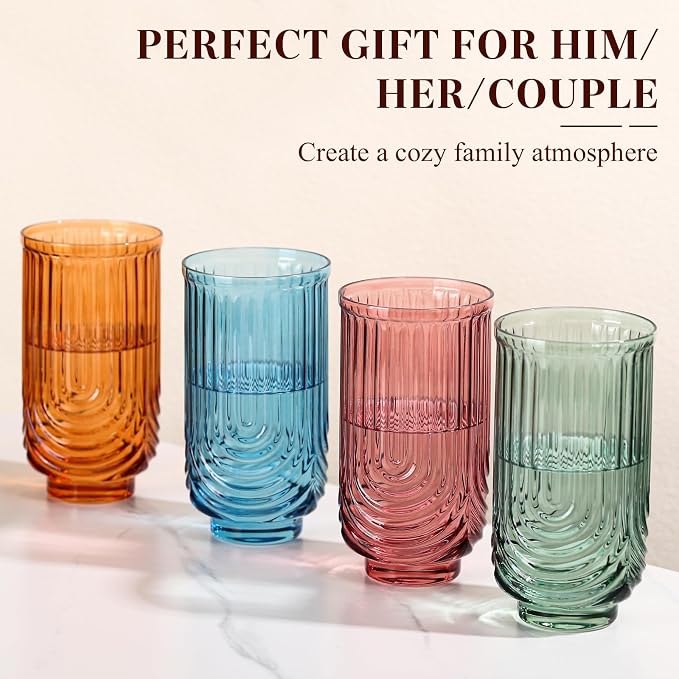 Colored Vintage Drinking Glasses Set of 6-17oz Hand-Blown Highball Ribbed Glassware, Arch Design Cocktail Glasses for Whiskey Water Beverages Ice Coffee Juice Milk - Image 7