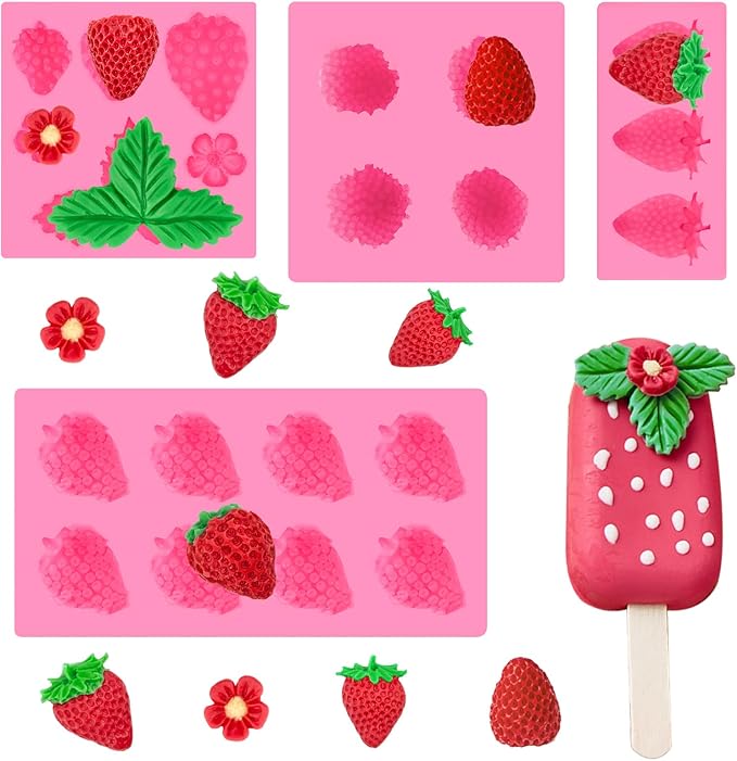 4 Pcs Strawberry Fondant Molds, Strawberry Chocolate Molds, 3D Flower Fruit Silicone Baking Molds for Cake Decoration, Cupcake Topper, Candle, Clay, Wax Making