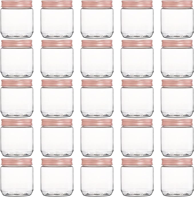 Fasmov 25 Pack 8 Ounce Clear Plastic Jars Containers with Rose Gold Lids, Round Empty Plastic Slime Storage Containers for Kitchen & Household Storage - BPA Free by Fasmov
